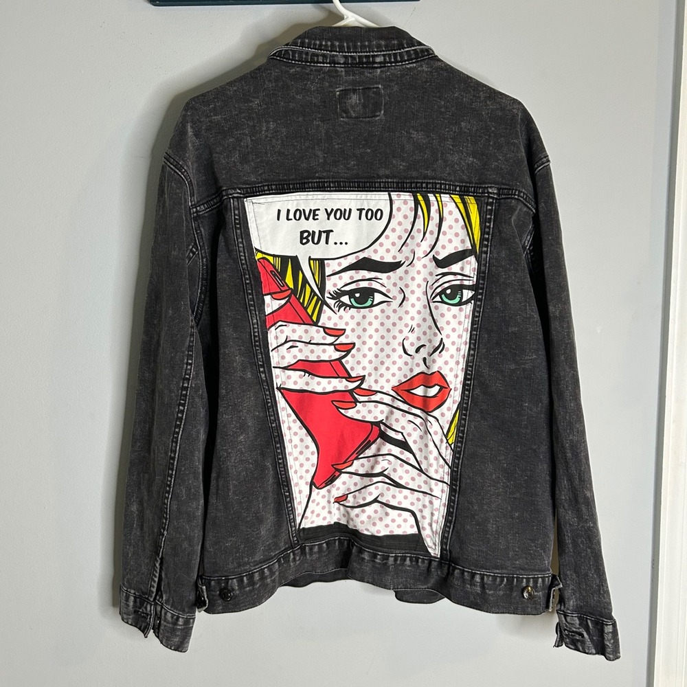 Fashion nova Mens Acid Wash Black Denim Pop Art Graphic Trucker Jacket 2XL‎